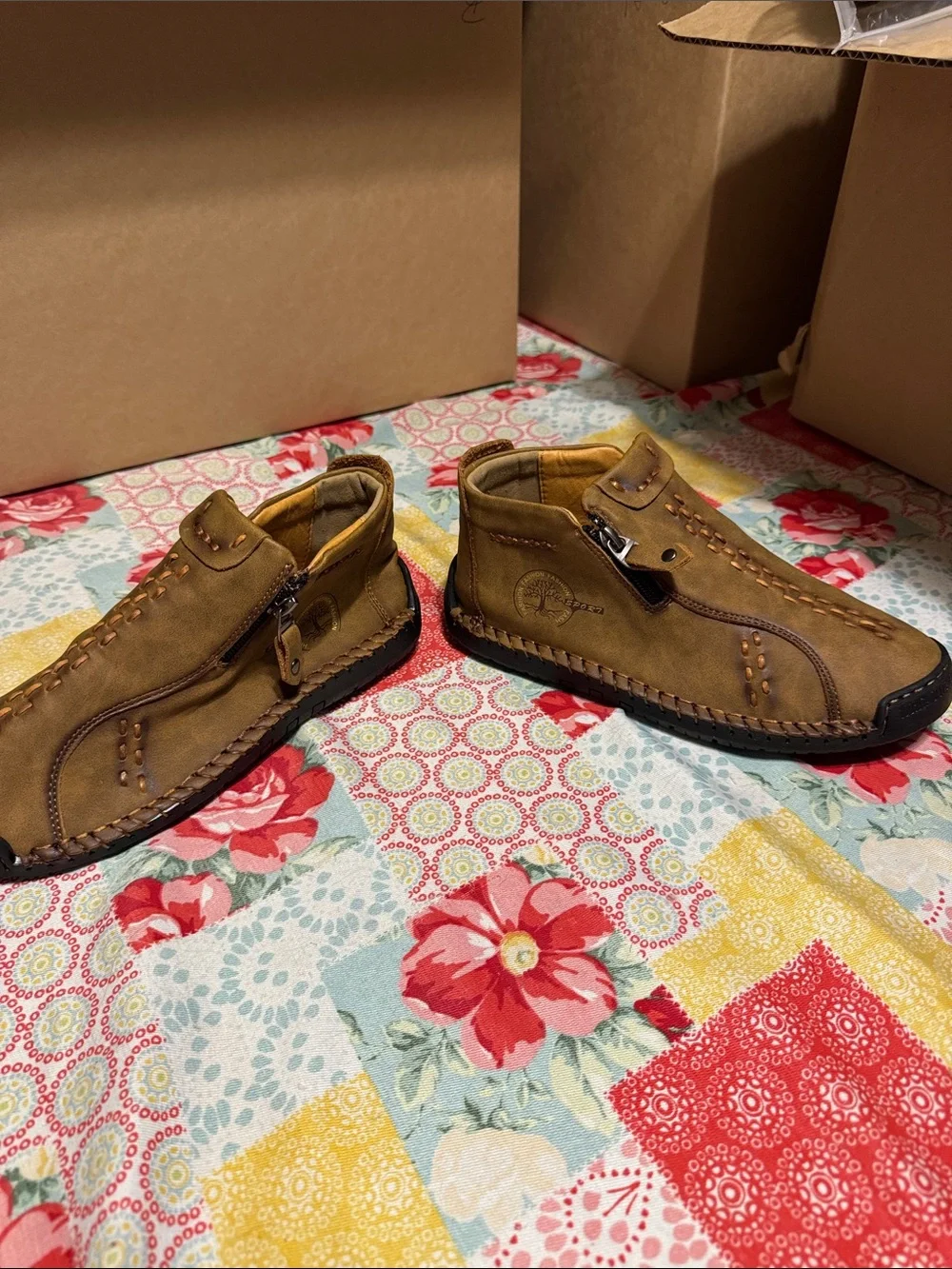 Men's Casual Brown Zip-Front Leather Moccasin Shoes